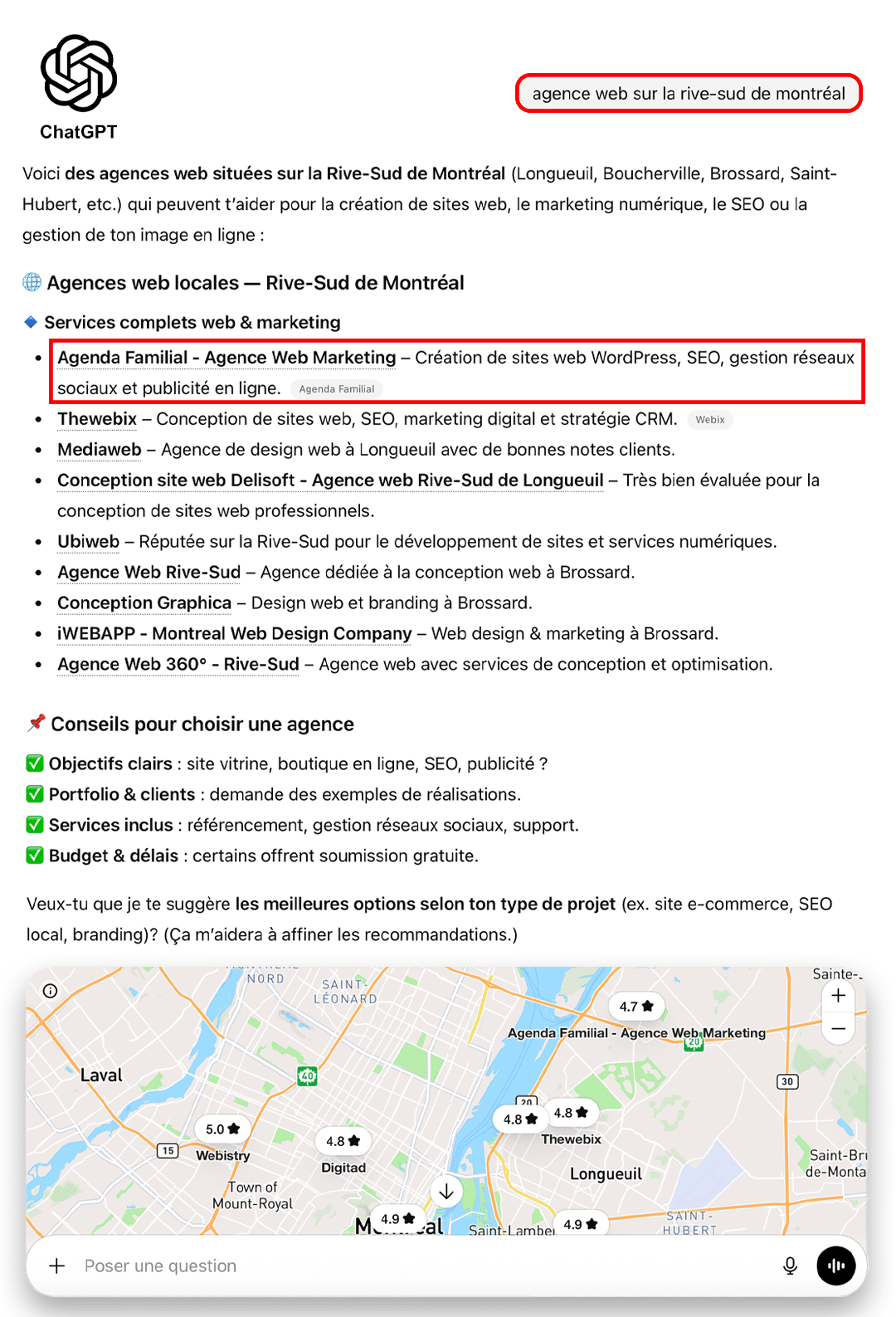 Optimisation IA et ChatGPT – Agenda Familial, Agence Web Rive-Sud